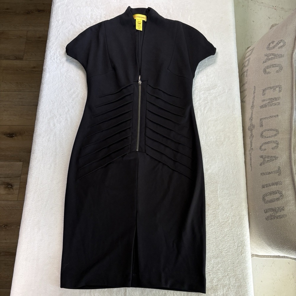 Catherine Malandrino Black Ponte Sheath Dress Zip Front Cap Sleeve Career Size M